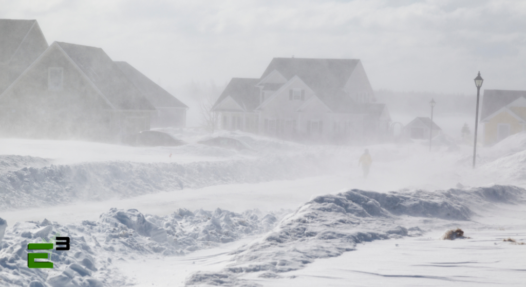 Extreme temperature weather, houses around, streets filled with snow.